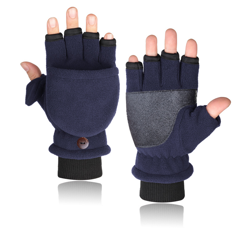 Hombres y mujeres de invierno de doble capa de forro polar cálido engrosado antideslizante dedo abierto medio dedo al aire libre polar pantalla táctil Flip guantes