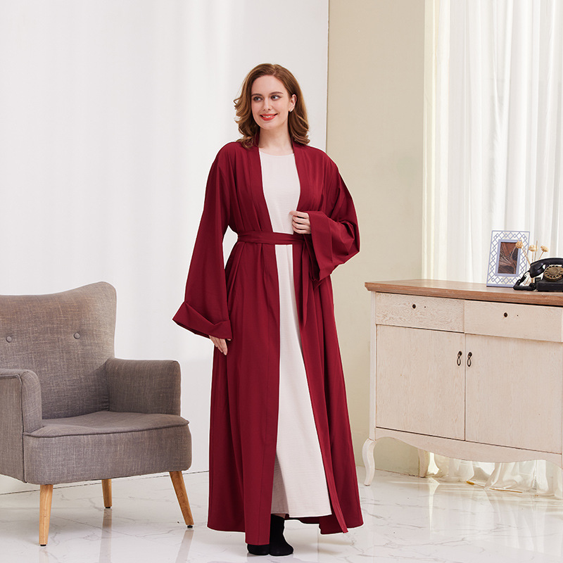 Muslim Cardigan Robe For Women Solid Colour Tie-up Dubai Style_voghion.com