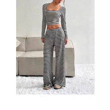 2025新款秋冬高品质跨境风亚马逊外贸女装休闲宽松条纹针织套装女