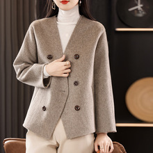 秋冬V领短款双面羊绒大衣女小个子气质双面绒纯羊毛呢子外套开衫