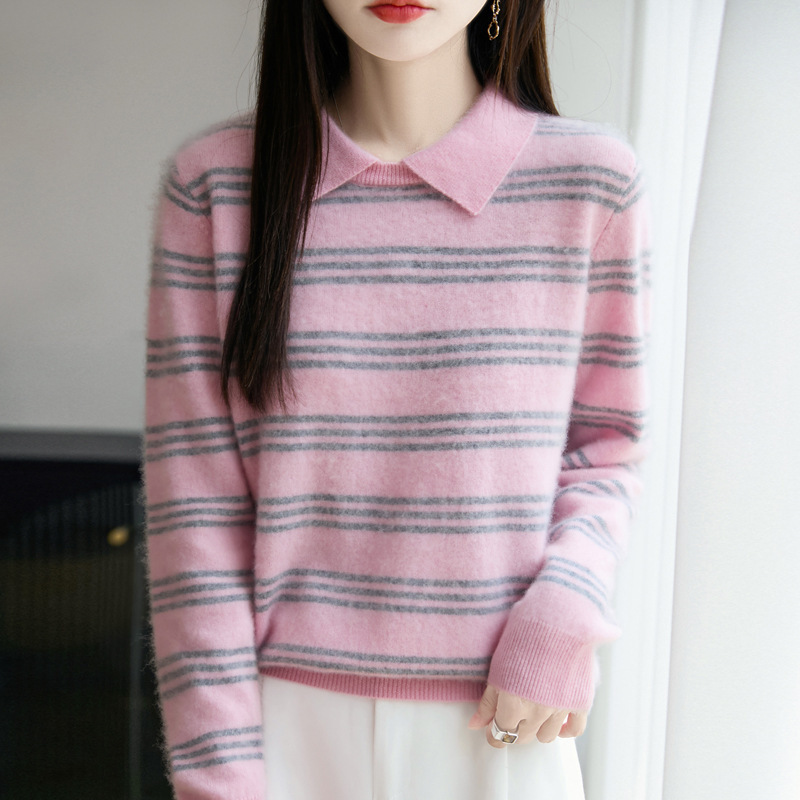 100%纯羊毛2025秋冬新款女式宽松Polo领条纹短款打底针织衫毛衣|undefined