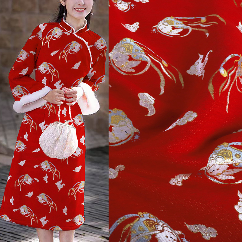 《祥云瑞兔》雪尼尔混纺服装面料新中式国风旗袍连衣裙面料