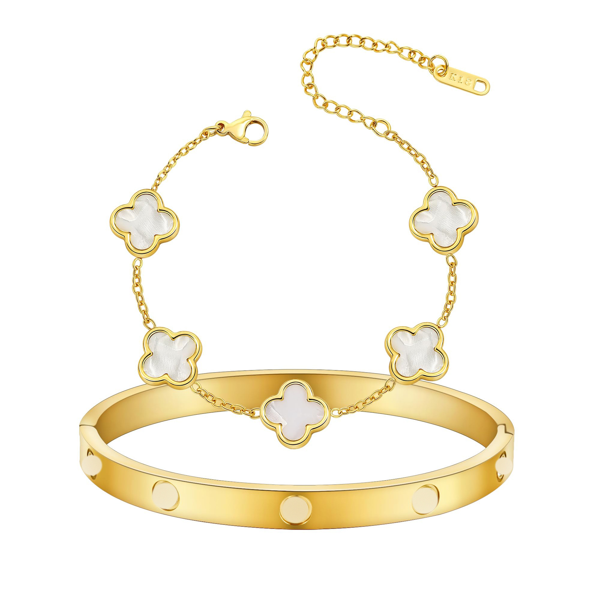 골드 다이아몬드 팔찌 + 화이트 쉘 팔찌 세트