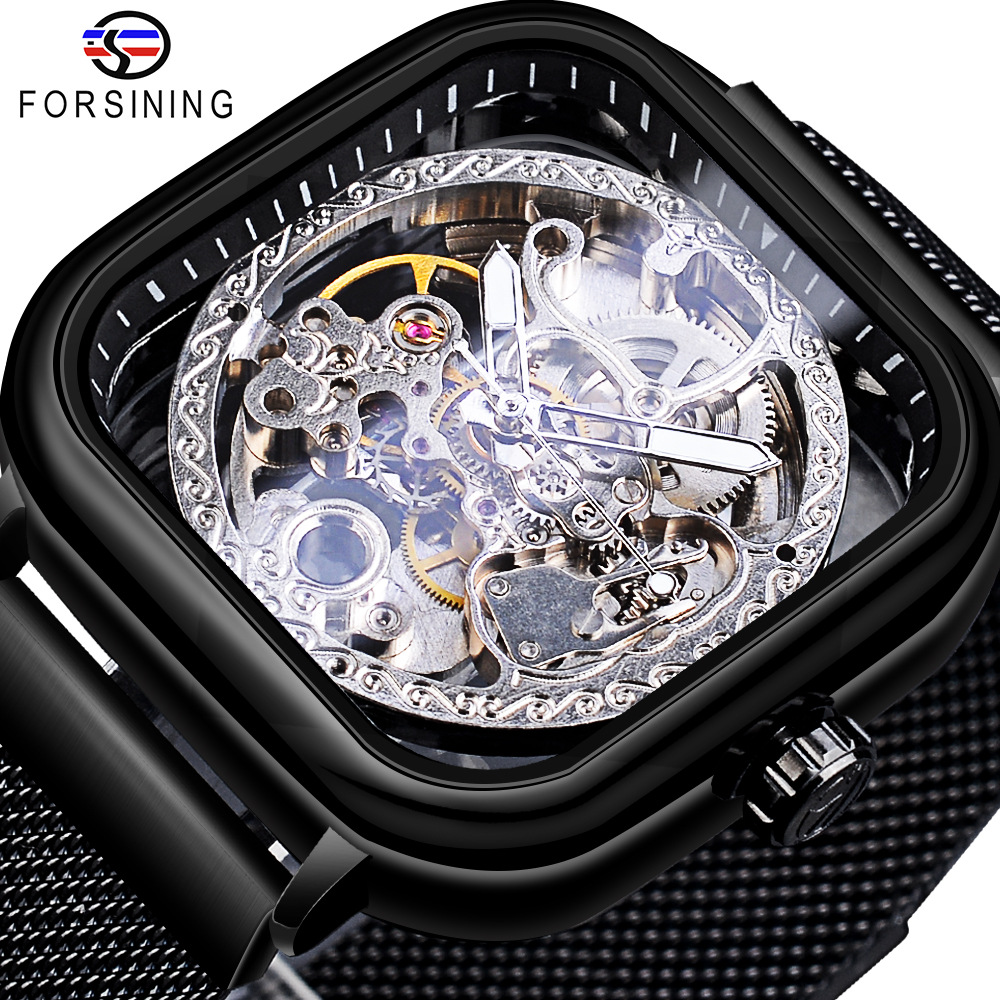 Forsing Hollow Men's Fully Automatic Mechanical Watch Square Dial Mesh Band Watch_voghion.com