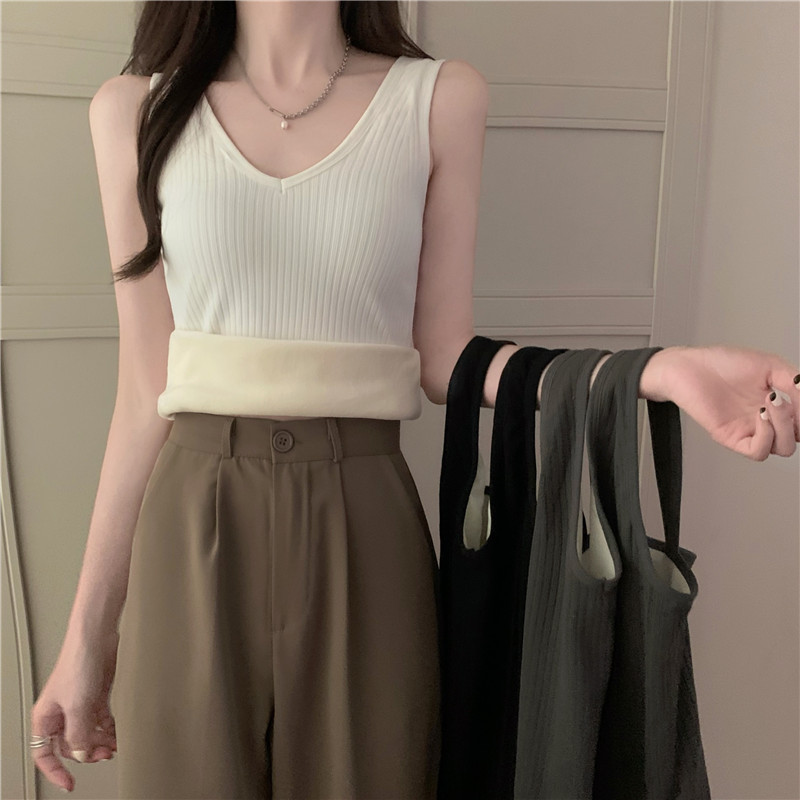 가을과 겨울 881 따뜻한 넓은 어깨 기모 두꺼운 조끼 여성 피부 친화적 인 슬림 슬리밍 베이스 조끼 탑 착용