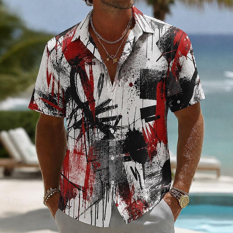 Black, white, and red graffiti art print men's collared short-sleeve shirt, trendy vacation loose casual shirt Black, white, and red graffiti art print men's collared short-sleeve shirt, trendy vacation loose casual shirt