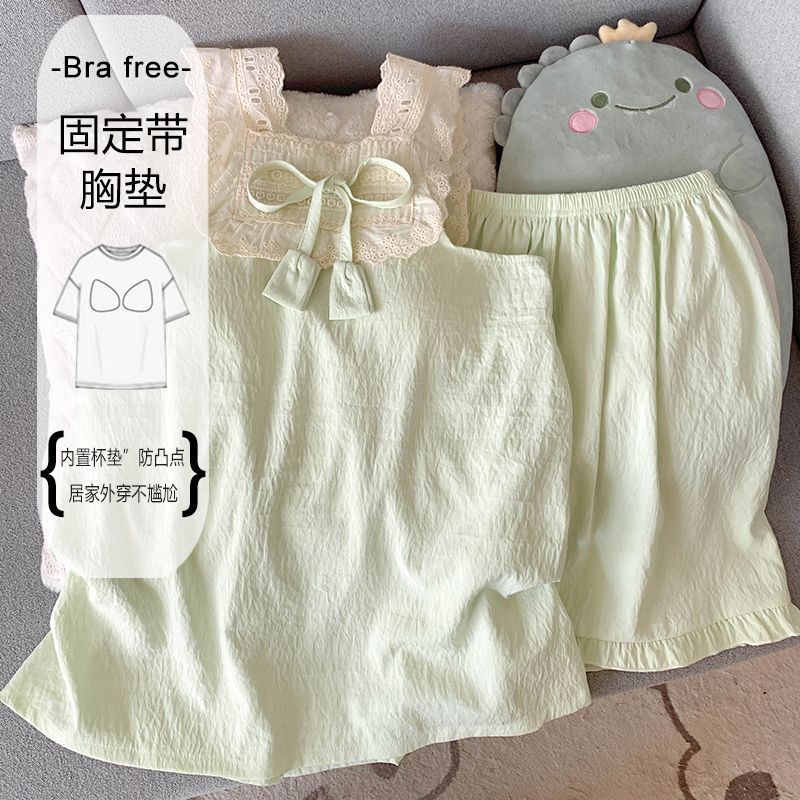 Pijamas para mujer con almohadilla para el pecho chaleco con borde de encaje verano pantalones cortos sin mangas de algodón de nube fina color sólido estilo princesa servicio a domicilio