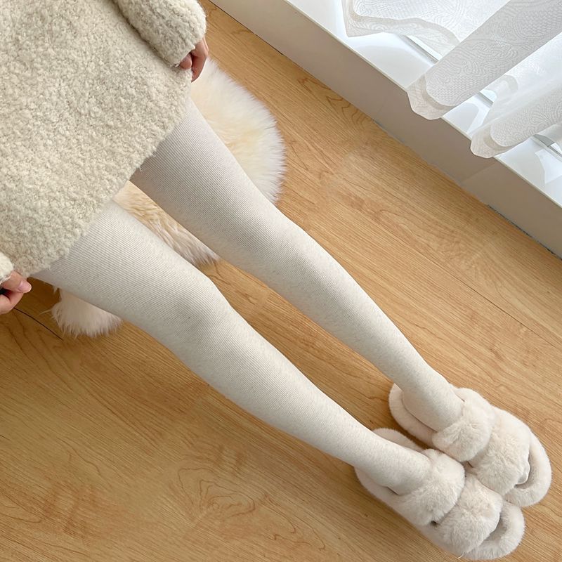 Japanese Style Autumn and Winter Cotton Vertical Strip Thickened Oat White Pantyhose fleece-lined Combed Cotton Base Socks Slimming Light Camel Women