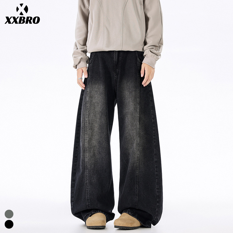 沐希服装#秋冬街头日系复古做旧潮牌阔腿拼接百搭直筒牛仔裤男士