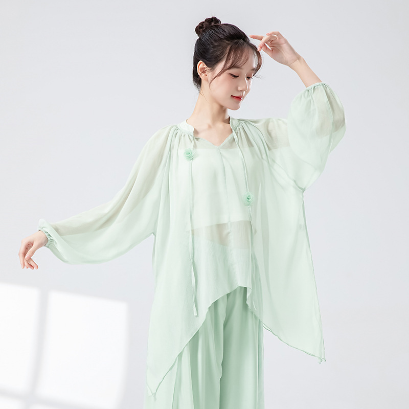 女性用クラシックダンス服、春夏新作、エレガントなガーゼ服、中国舞踊練習服、モダンダンスゆったりトレーニング服|undefined