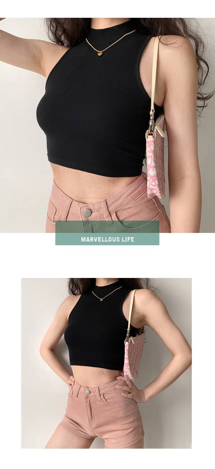 84g Weight Short Sleeve Sleeve Length Polyester Fabric Type Short Top Length Wrap Crop Top Tops Type Holiday Occasion High Neck Neckline Slim Fit Type Solid Color Pattern Summer, Autumn Season Women's Gender Casual Style Wholesale Women's Casual Solid Color Short Sleeve Tank Tops 10