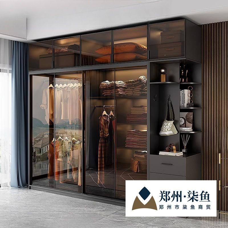 Sliding Door Wardrobe Home Bedroom Solid Wood Modern Simple Light Luxury Italian Minimalist Glass Door Sliding Door Cabinet