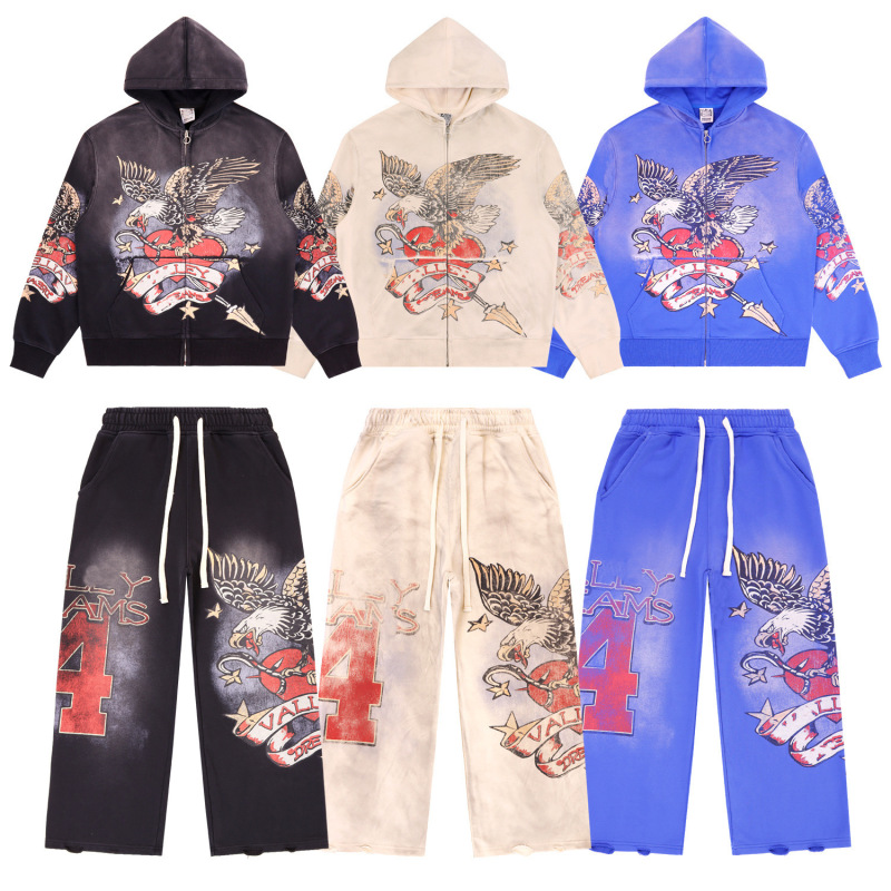 Trendy Brand Sweatshirt Suit Valesweats Washed Frayed Printed Men's Sports Casual Pants Cardigan Hoodie