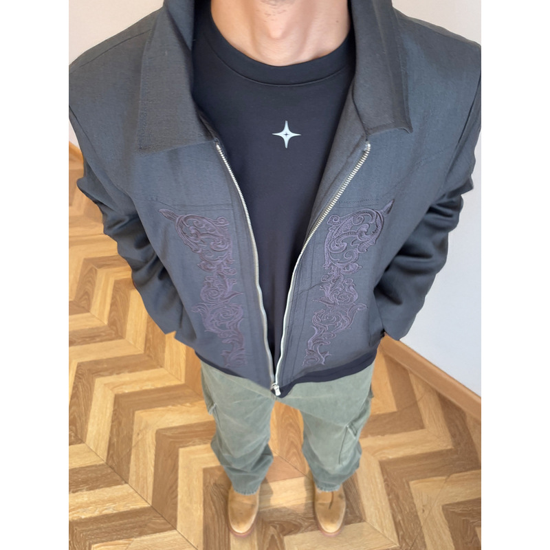 American Retro Carved Embroidered Western Jacket for Men, Spring and Autumn Trendy Brand, High-End Stylish Turn-Down Collar Regular Shoulder Coat