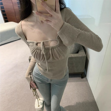 春秋女装新款 日韩辣妹性感修身低胸系带长袖针织衫打底T恤上衣