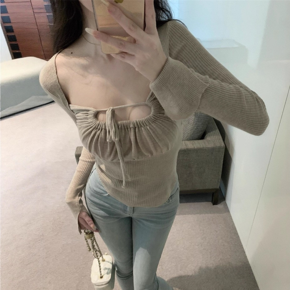 春秋女装新款 日韩辣妹性感修身低胸系带长袖针织衫打底T恤上衣