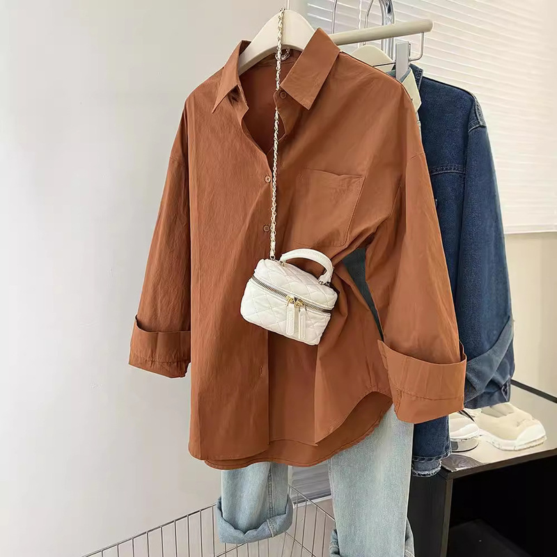 Pure Cotton POLO Collar Long-sleeved Shirt Women's 2024 Spring and Autumn New Solid Color Mid-length Loose Top for Small Women