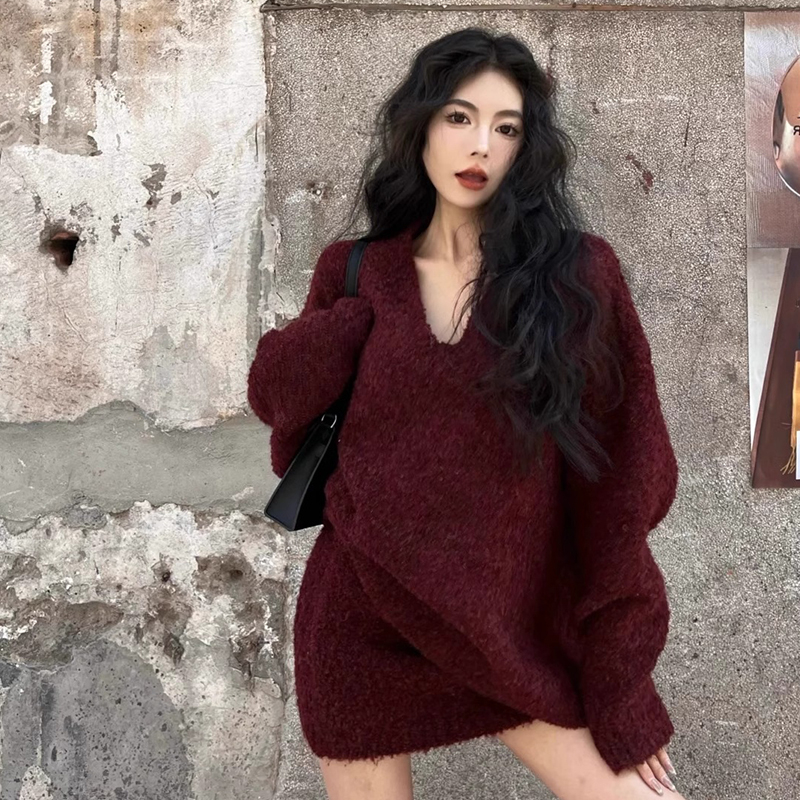 레드 레트로 V-넥 니트 스웨터 원피스 어린이 2025 새로운 이른 봄 프렌치 웨어