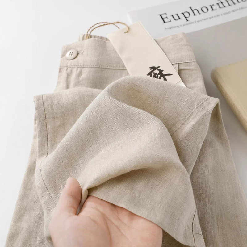 French Linen Old Money Style Relaxed Full Linen Long Pants for Women Autumn Loose Pure Linen Narrow Wide-Leg Pants