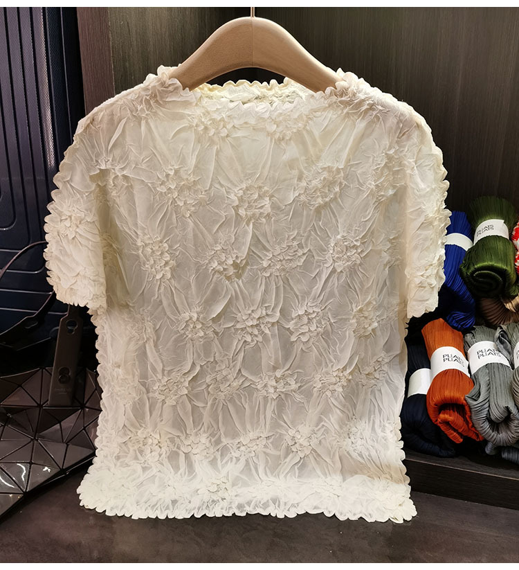 Áo thun nữ tay ngắn cổ tròn chất liệu cotton dập nổi hoa văn nổi cao cấp — Màu đen, Màu đào, Màu trắng, Màu xám chi tiết 8
