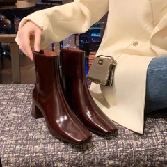Grape Mom studiolee French elegant square toe thick high heels shiny retro fashion slim short boots for women autumn and winter