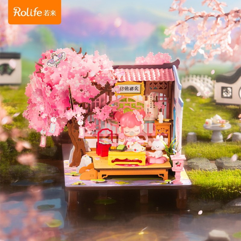 Rolife Rulai nanci Sakura Spring Banquet bricolaje cabaña en miniatura de madera 3d modelo de casa de rompecabezas bloques de construcción de juguete