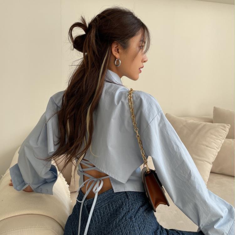 2025 Early Spring Korean Chic Niche Sexy Sweet Cool Sexy Design Back Strap Slim Slim Long-Sleeved Shirt for Women