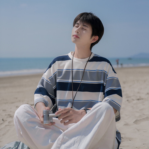 180G Heavyweight Striped T-Shirt for Men | Summer Trendy Brand, Japanese Preppy Style, Loose-Fit Half-Sleeve Tee for Guys