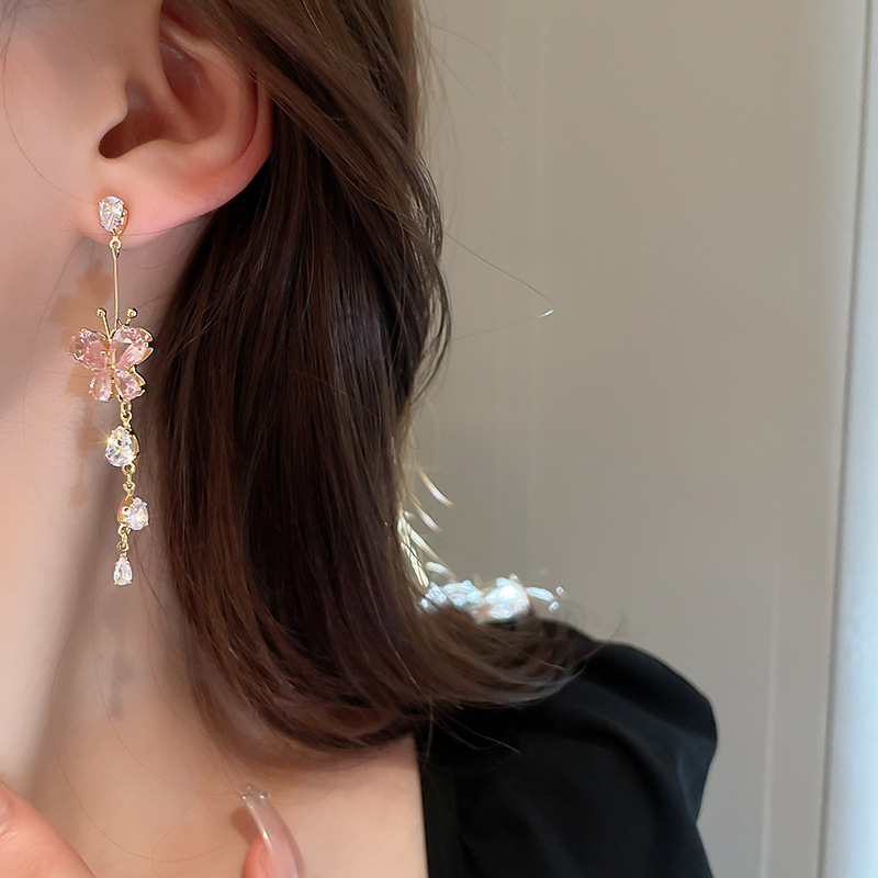 Fashion Heart Shape Butterfly Bow Knot Copper Inlaid Zircon Drop Earrings 1 Pair