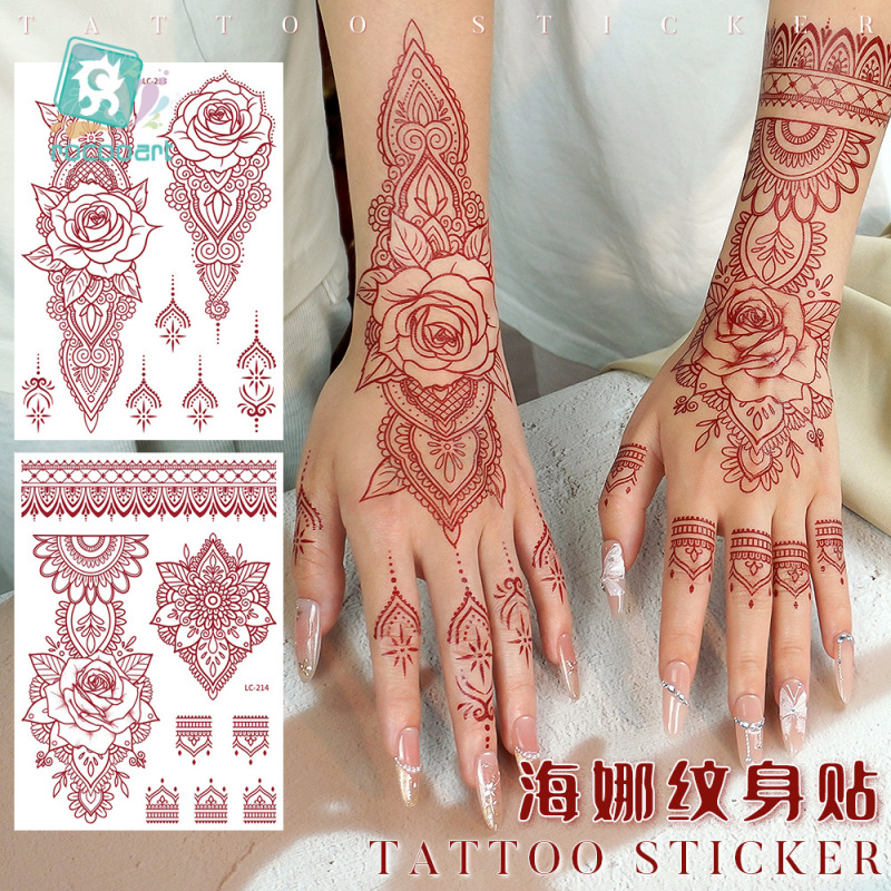 New Cross-Border Red Henna Lace Tattoo Stickers with a High-End Feel, Realistic Temporary Tattoo Stickers for the Back of the Hand, Indian Style, in Stock