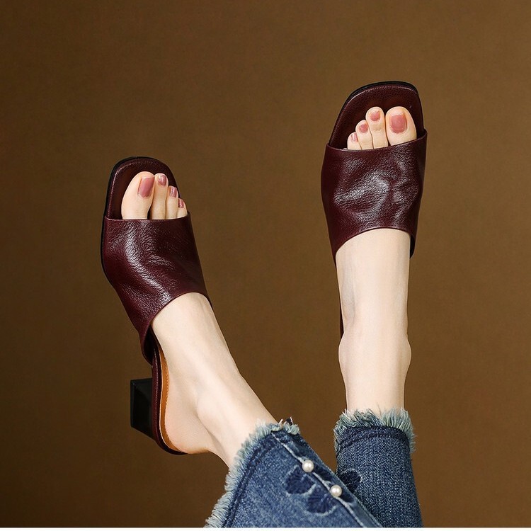 High-Quality Sheepskin~Handmade Women's Shoes 2026 Summer New Sheepskin Chunky Heel Anti-Slip Slippers