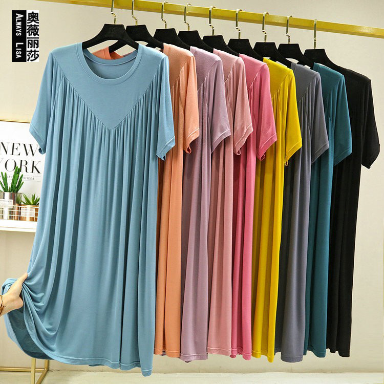 Summer Thin Modal Loose plus size dress Solid Color Nightgown Women's Plus-sized Plus-sized Pleated A- Line Skirt Summer Thin Modal Loose plus size dress Solid Color Nightgown Women's Plus-sized Plus-sized Pleated A- Line Skirt