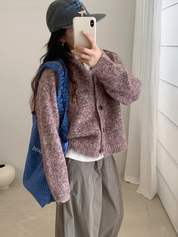 木四 花线毛衣开衫女秋冬新款宽松慵懒风连帽针织外套上衣M6672|undefined
