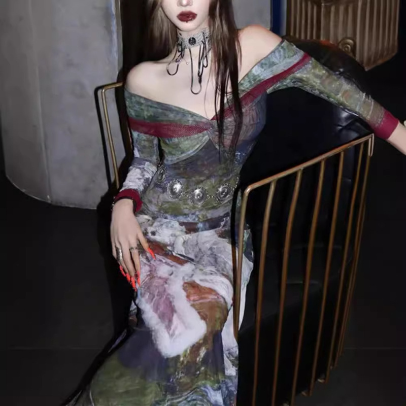 Niche Punk Gothic Style Personalized Fashionable One-line Collar Long-sleeved Waist Retro Oil Painting Print Dress Summer