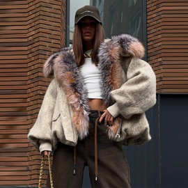 速卖通2025欧美跨境爆款时尚个性大毛领皮草拉链纽扣口袋连帽棉服