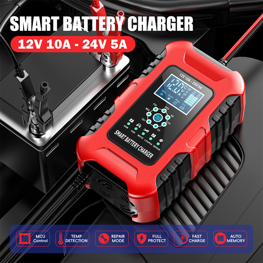 12V10A 24V5A battery charger, lead-acid battery charging and pulse repair device, red, European standard