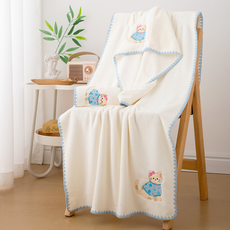 Wholesale cartoon towel bath cap three-piece coral fleece thickened bath wrap absorbent soft towel shower cap