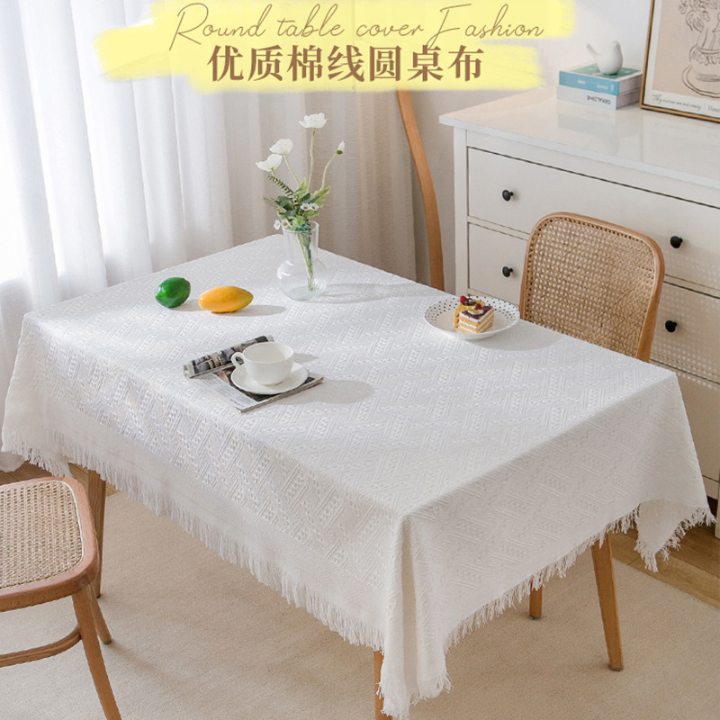 Nordic Style Cotton and Linen Tablecloth Rectangular Coffee Table Tassel Lace Tablecloth Photo Entry Luxury Dining Cloth Cyber Celebrity Round Tablecloth Camping