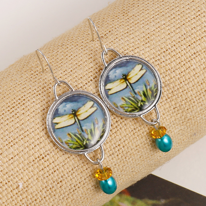 Alloy Material Round, Dragonfly Pattern 1 Pair Retro Round Dragonfly Pearl Alloy Drop Earrings