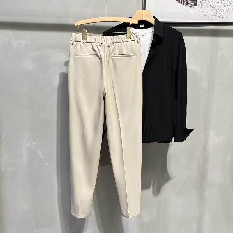 British Small Trousers Men's Handsome Pendant Straight Slim-fit Pants Korean-style Tapered Cropped Suit Pants