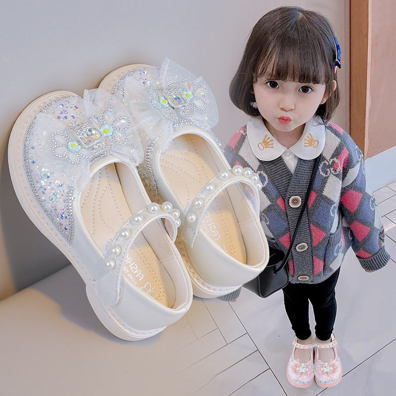 Zapatos de cuero para niñas princesa de niños zapatos de cristal primavera y otoño 2025 nuevos zapatos casuales de diamante suave zapatos de chicas