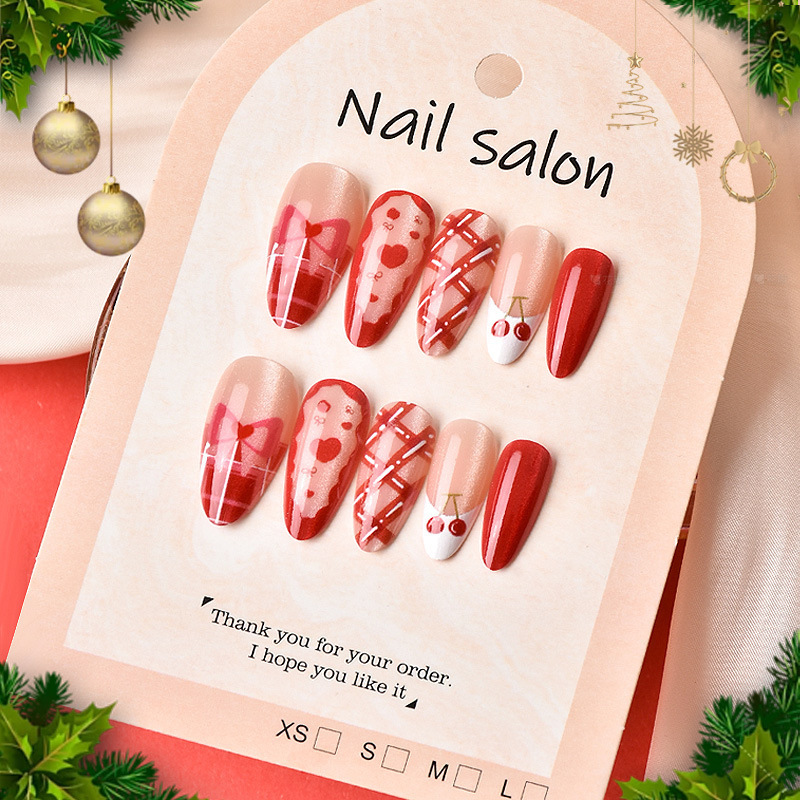 24 Pieces of Cross-Border Christmas Painted Bowknot Wearable Nails with Heart Cherry French Style Nail Tips Wholesale in Stock 24 Pieces of Cross-Border Christmas Painted Bowknot Wearable Nails with Heart Cherry French Style Nail Tips Wholesale in Stock