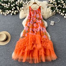 法式復古宮廷風設計感時髦印花拼接網紗蓬蓬不規則荷葉邊連衣裙女