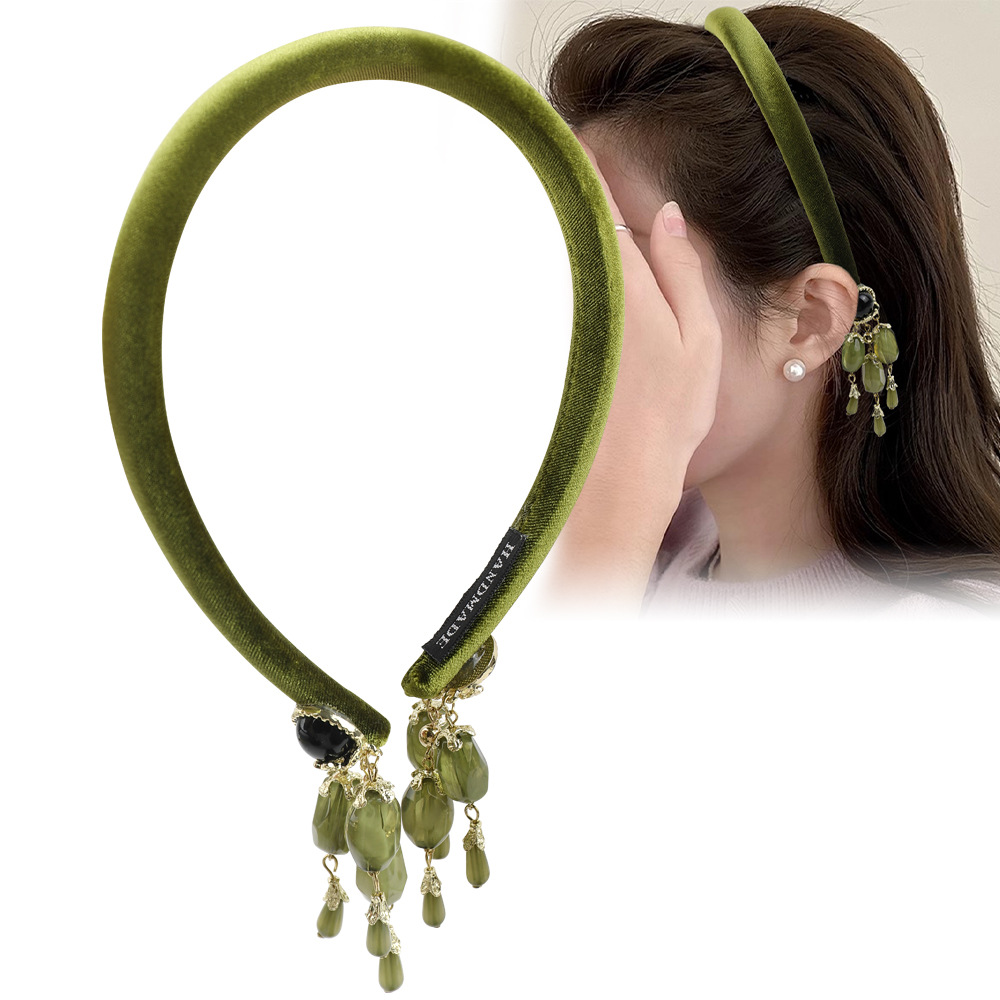 Retro Olive Green Velvet Headband for Women, Accessible Luxury Crystal Pendant Tassel Headband, Niche High-End Hair Accessory
