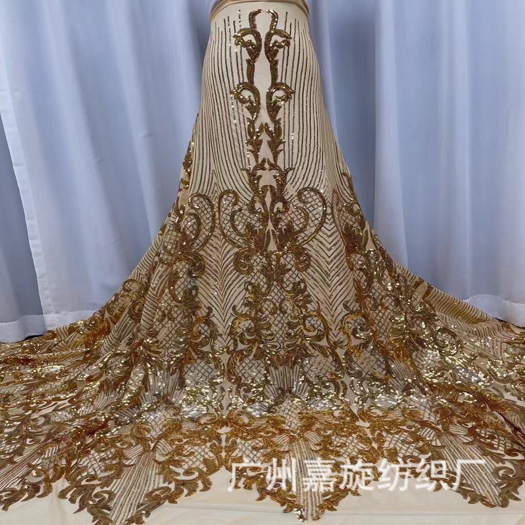 Lentejuelas tela de encaje africano europeo y americano vestido de novia moda bordado tela de encaje de lentejuelas JX1296