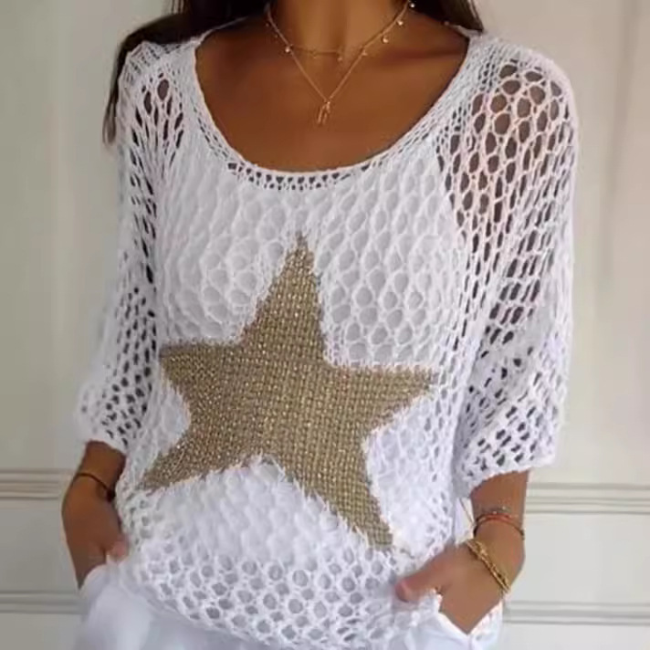 Summer New Cross-border European and American-style Five-star Crewneck Sweater Women's Commuter Elegant Seven-sleeve Top Air-conditioning Shirt Summer New Cross-border European and American-style Five-star Crewneck Sweater Women's Commuter Elegant Seven-sleeve Top Air-conditioning Shirt