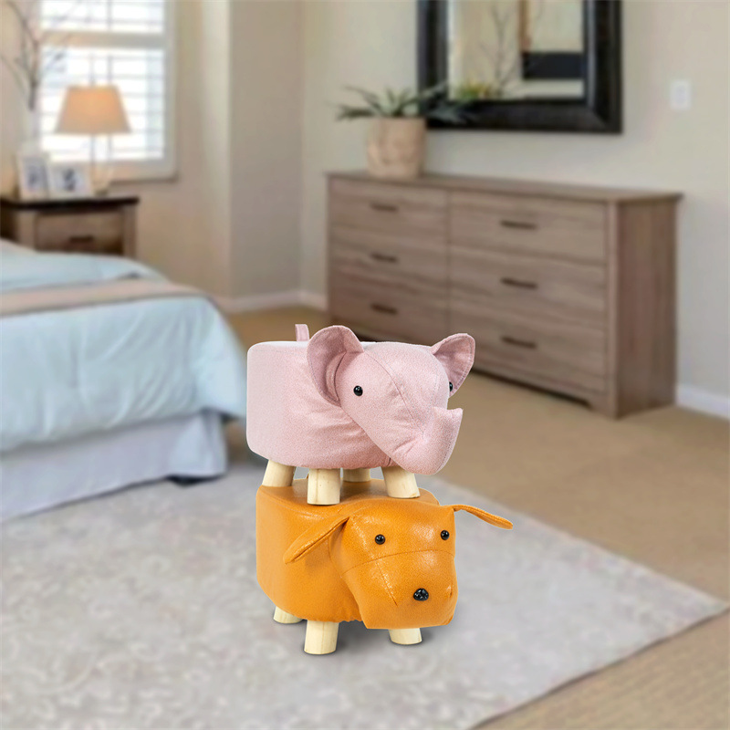 Tech fabric pink elephant stool, household shoe-changing stool, wooden small stool, cartoon fabric small low stool, animal stool
