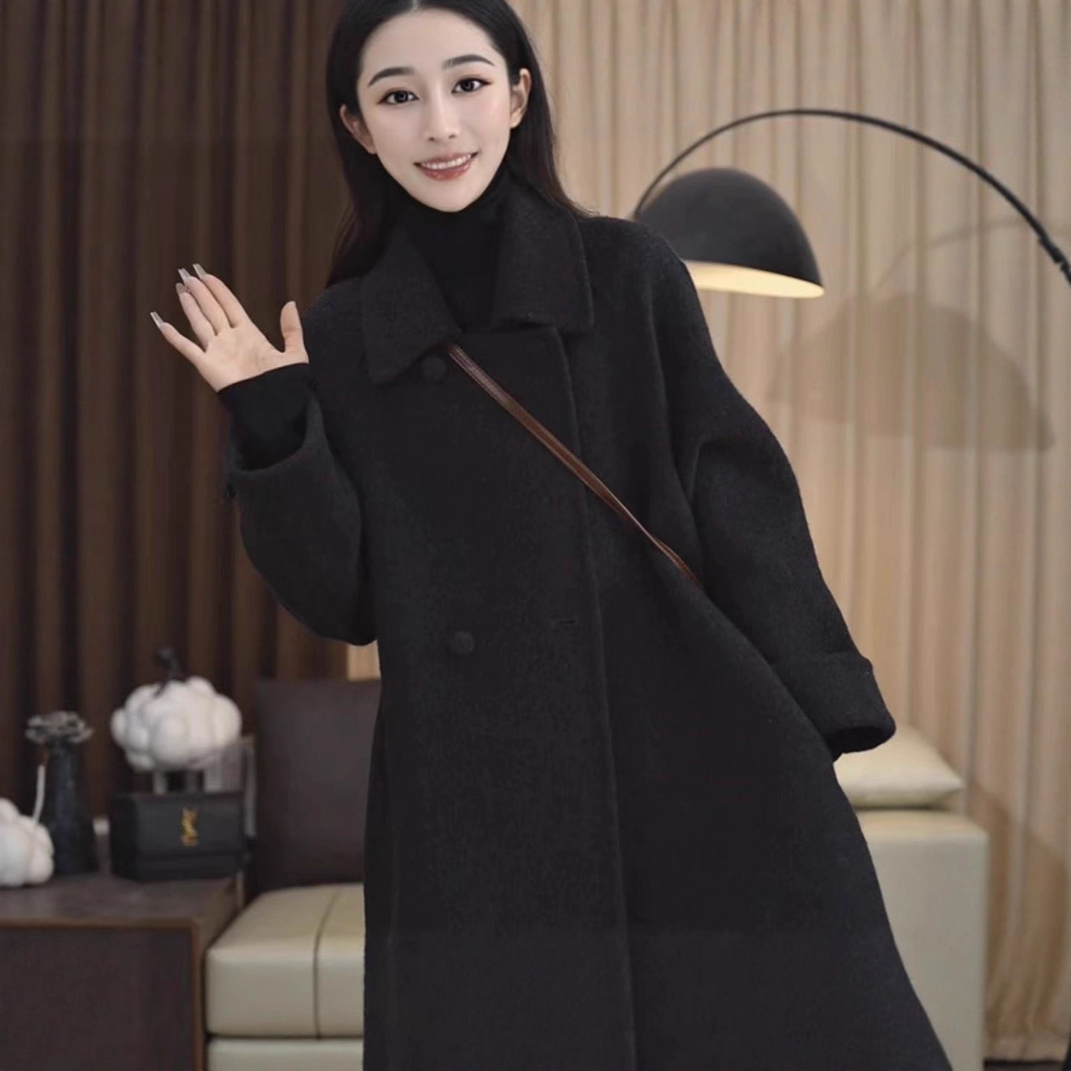 Korean Style Doll Collar Mid-Length Double-Sided Woolen Coat for Petite Women, Loose Fit, Autumn and Winter, Versatile Woolen Jacket