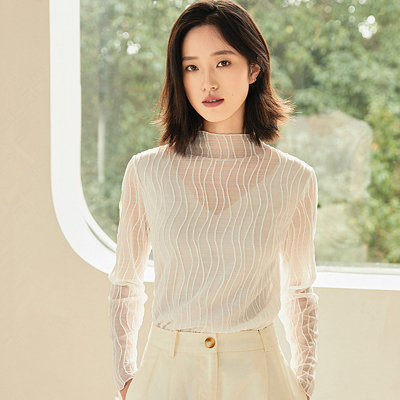 2024 summer autumn and winter new women's semi-high collar long sleeve lace base shirt western style double layer mesh top shirt