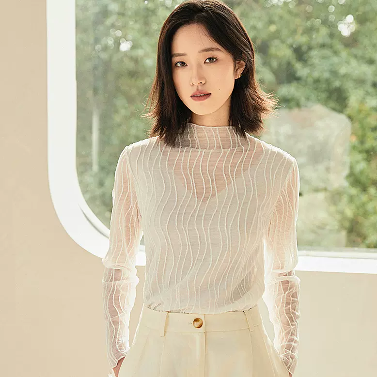 2024夏秋冬新款女半高领长袖蕾丝打底衫洋气双层内搭网纱上衣小衫